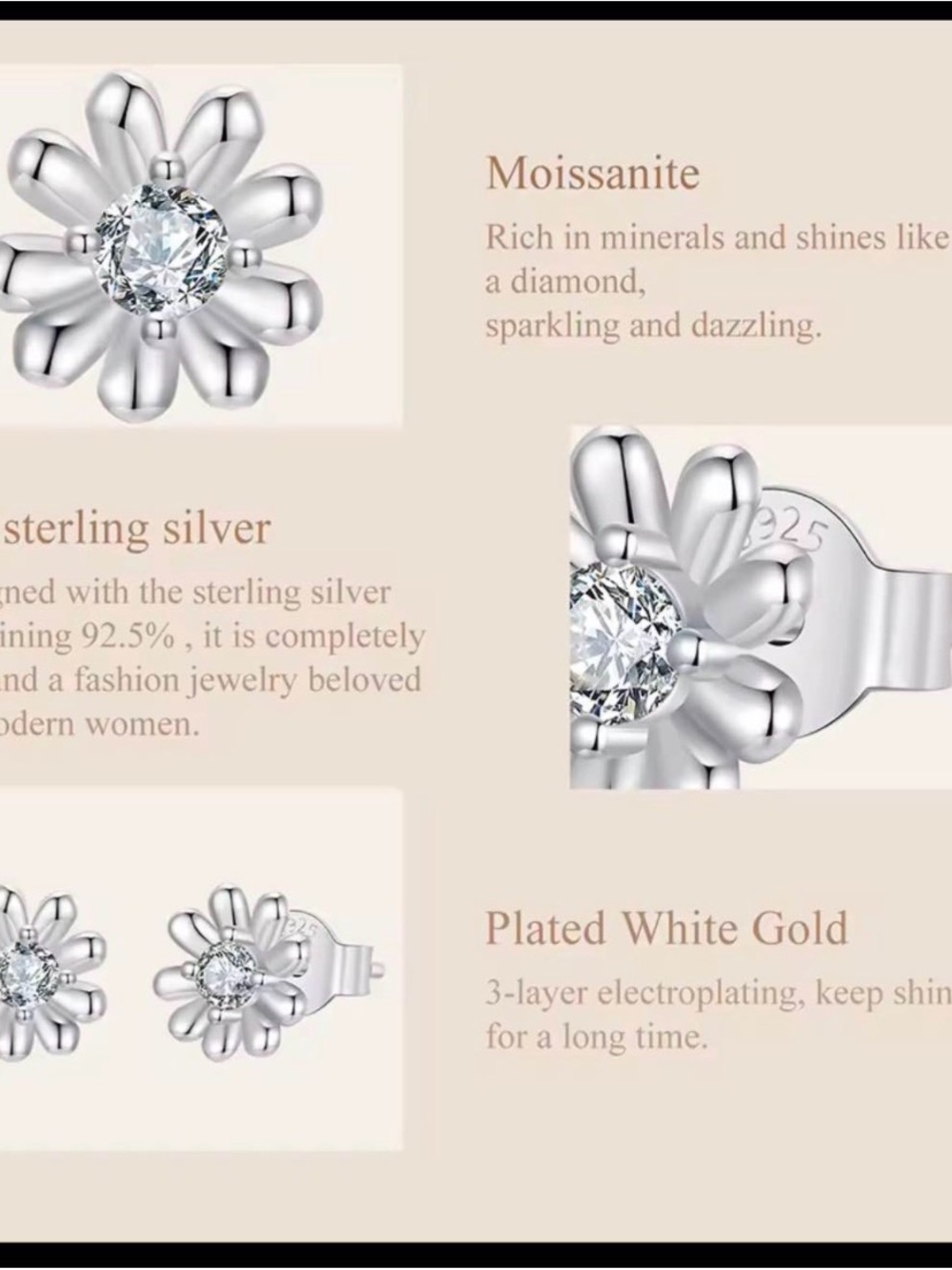 Sterling Silver Daisy Earrings with Clear Moissanite - White Silver